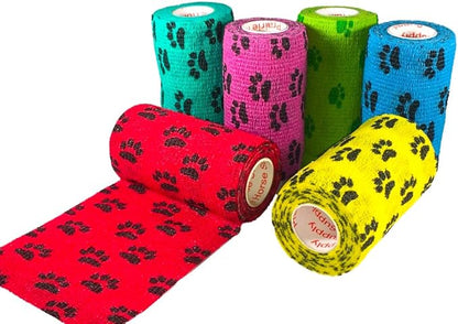4 Inch Vet Wrap Tape Bulk (Black Paw Prints on Yellow, Red, Teal, Blue, Neon Green, and Neon Pink) (Pack of 24) Self Adhesive Adherent Adhering Flex Bandage Grip Roll for Dog Cat Pet