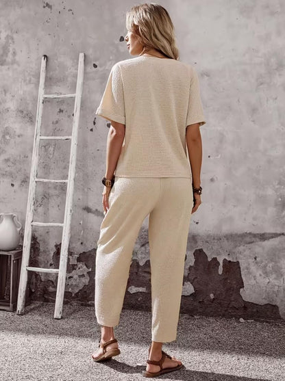 Womens 2 Piece Outfits Asymmetrical Button Front Short Sleeve Top & Elastic Waist Pants Set Casual Streetwear