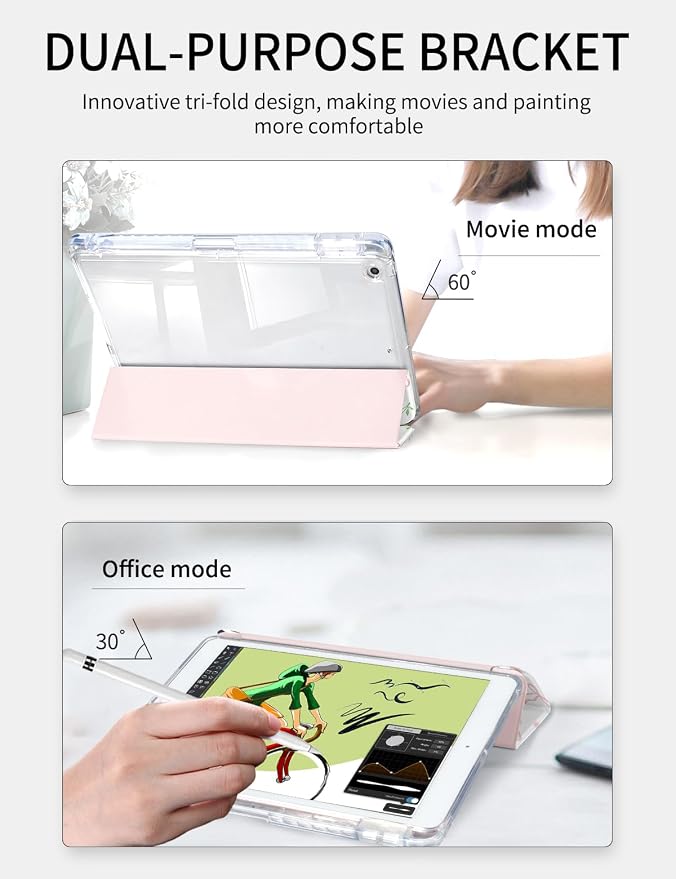 Case for iPad 9th/ 8th/ 7th Generation Case 10.2 Inch (2021/2020/2019 Release), Slim Trifold Clear Back Transparent Cover with Pencil Holder & Auto Sleep/Wake Cover,Bow Cherry Print