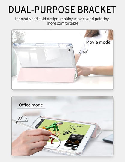 Case for iPad 9th/ 8th/ 7th Generation Case 10.2 Inch (2021/2020/2019 Release), Slim Trifold Clear Back Transparent Cover with Pencil Holder & Auto Sleep/Wake Cover,Bow Cherry Print