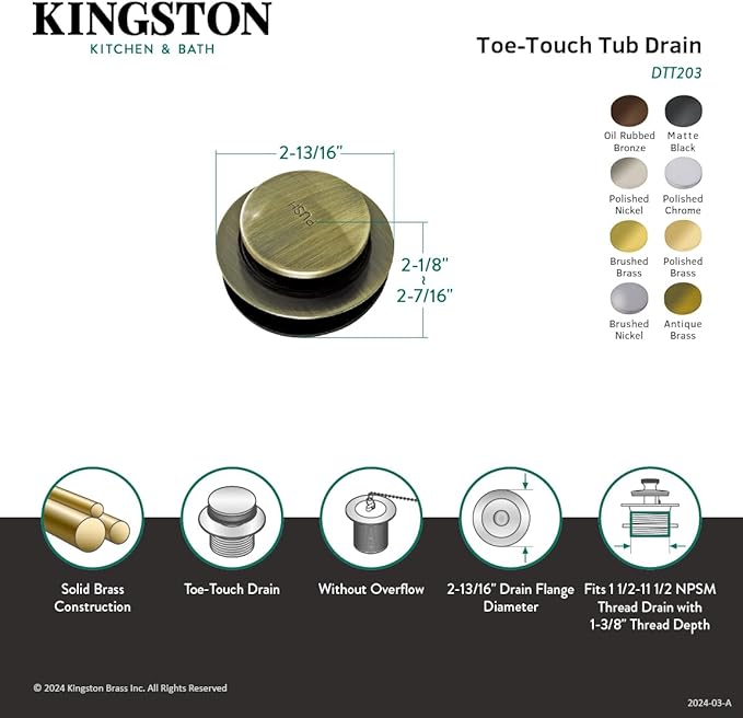 Kingston Brass DTT200MB Tip-Toe Tub Drain, Matte Black