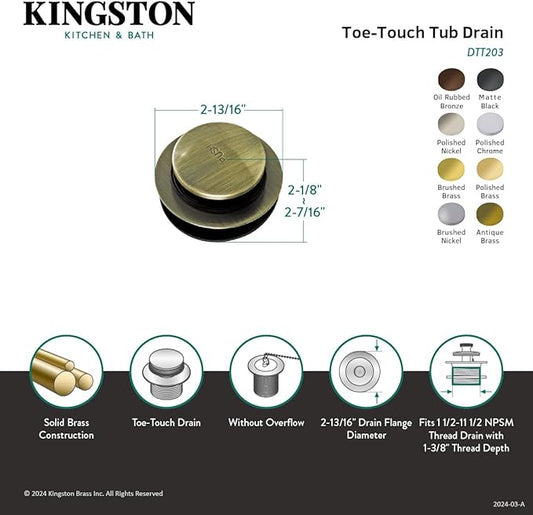 Kingston Brass DTT200MB Tip-Toe Tub Drain, Matte Black