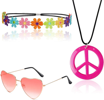 4Pcs Hippie Costume & 70s Retro Outfit Accessories for Women with Flower Headband & Peace Sign Necklace-earing for Halloween & Dress Up
