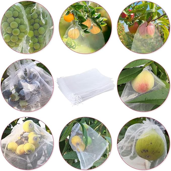 YunKo 100pcs Organza Bags 6x9 Inches Drawstring Jewelry Gift Mesh Bags Fruit Protection Bag White Sheer Organza Wedding Favor Bag