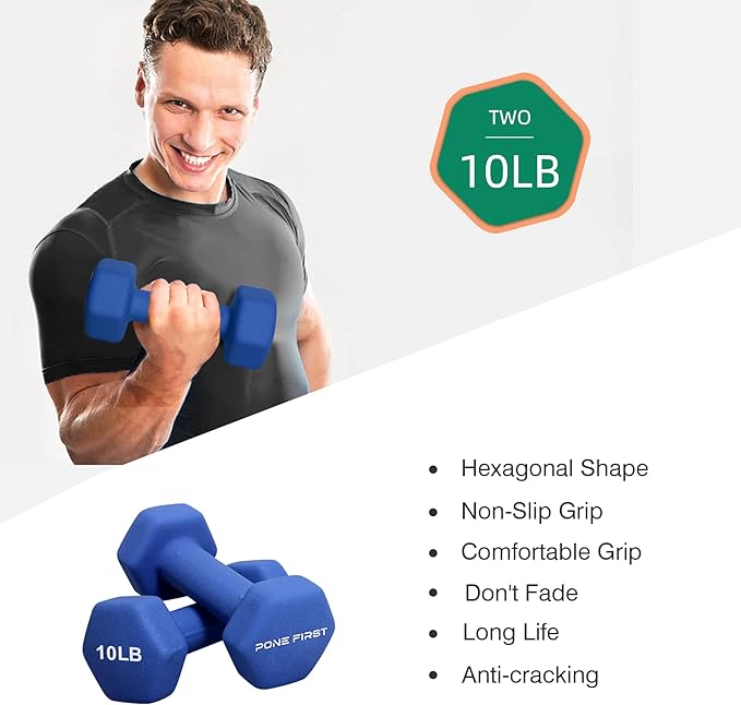 Pone First 10 lb Dumbbell Hand Weight (Single) – Neoprene Dumbbell Color Coded Hex Shaped Free Weights