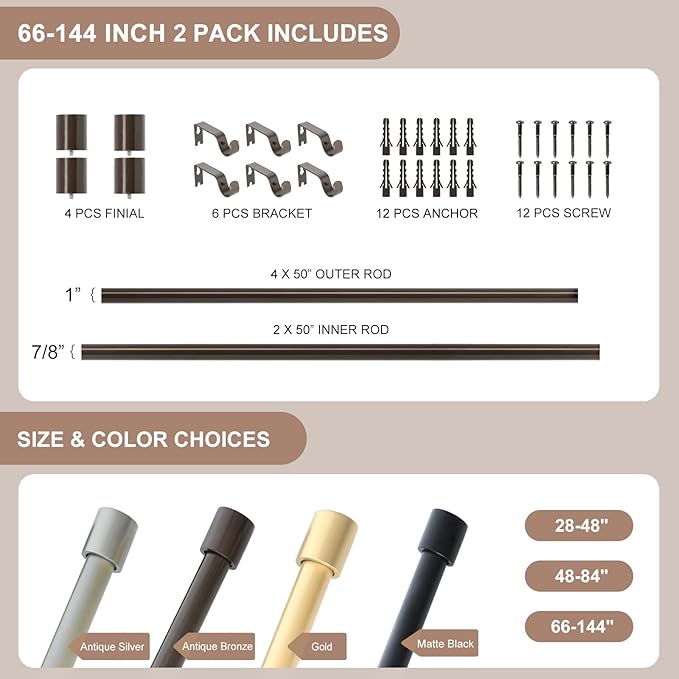 2 Pack Bronze Curtain Rods for Windows 66 to 144 Inch,1 Inch Diameter Heavy Duty Curtain Rods,Cylindrical End Cap Curtain Rod,Modern Adjustable Drapery Rods,Window Curtains Rod 66-144",Antique Bronze
