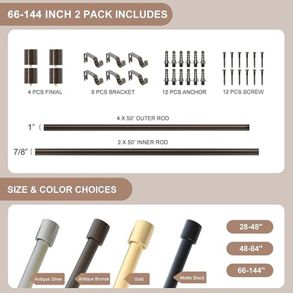 2 Pack Bronze Curtain Rods for Windows 66 to 144 Inch,1 Inch Diameter Heavy Duty Curtain Rods,Cylindrical End Cap Curtain Rod,Modern Adjustable Drapery Rods,Window Curtains Rod 66-144",Antique Bronze