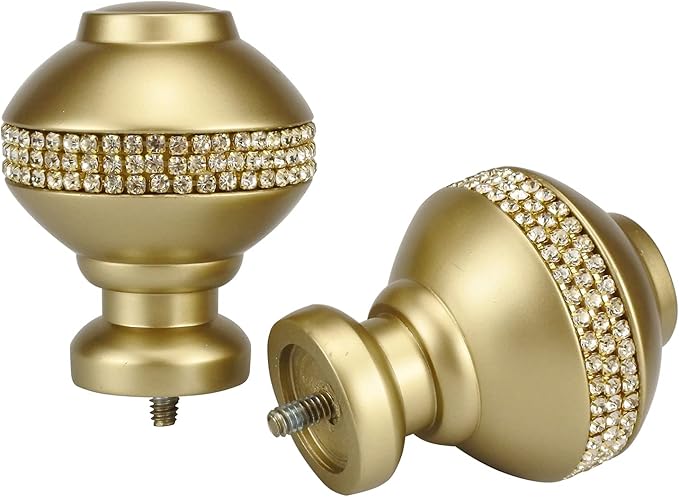 Decorative Curtain Rod Finials, Luxury Rhinestones Gold, Round,Set of 2, Compatible with 1 or 1-18 dia curtain rod, Standalone finial pair, Gold