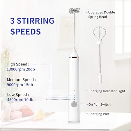 Milk Frother, Rechargeable hand-Held Electric Milk Frother 3 Adjustable USB Charging Can Be Used forBulletproof Coffee Protein Drinks Matcha Coffee Whisk (White)