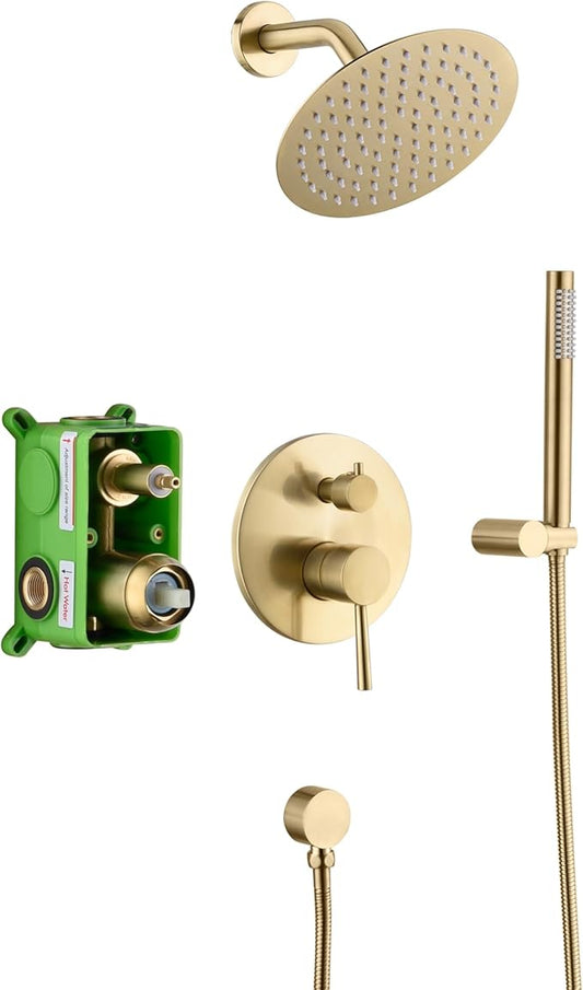 Sumerain Brushed Gold Shower Faucet System with high pressure 8 Inches rain shower head and brass hand shower, Rough-In Valve Body and Trim Included