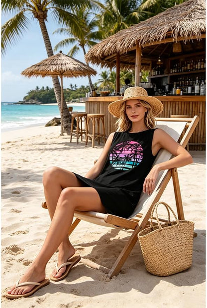Sun Salt Sand Coconut Tree Tank Mini Dress for Women Sleeveless Beach Praty Shirts Summer Vacation Short Mini Dresses.