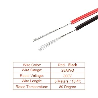 Red Black Wire 2 Conductor Bonded Zip Cord Cable Plated Copper PVC for LED Strip Light - 28 AWG  16.4Ft