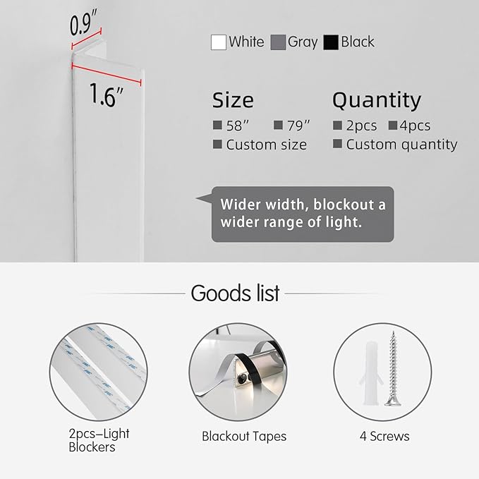 PVC Light Gap Blockers Blackout Light Blockers Side Tracks for Window Shades and Blinds Room Darkening Light Blocking Strips Easy to Install for Home Bedroom Nursery (White, 79",2Pcs)