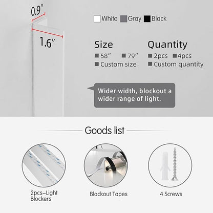 PVC Light Gap Blockers Blackout Light Blockers Side Tracks for Window Shades and Blinds Room Darkening Light Blocking Strips Easy to Install for Home Bedroom Nursery (White, 79",2Pcs)