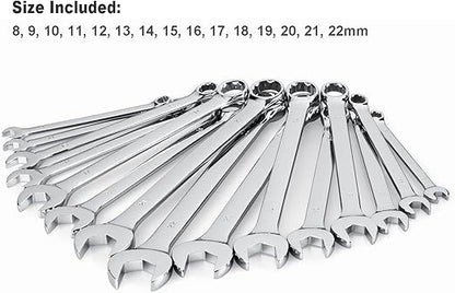 Max Torque 15-Piece Premium Combination Wrench Set, Chrome Vanadium Steel, Long Pattern Design | Include Metric Sizes 8, 9, 10, 11, 12, 13, 14, 15, 16, 17, 18, 19, 20, 21, 22mm with Storage Rack