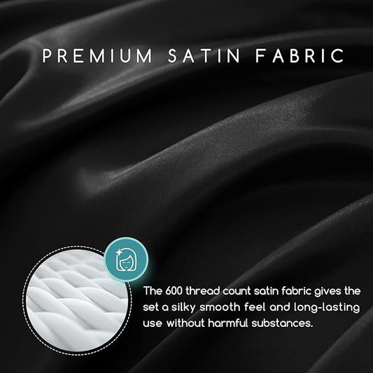 MRHM Satin Bed Sheets, Queen Size Sheets Set, 4 Pcs Silky Bedding Set with 15 Inches Deep Pocket for Mattress (Queen, Black)