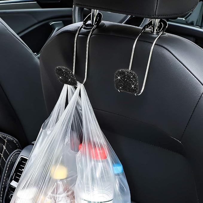 SAVORI Car headrest hooks, universal rhinestone car accessories for car rear seat, metal head hanging organizer, holder for