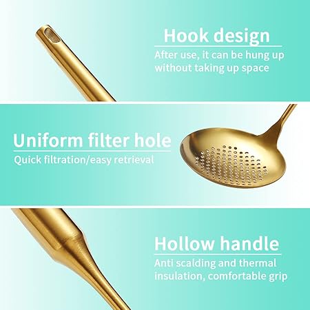 Gold Strainer Skimmer, Evanda Heavy Duty Golden Stainless Steel Heavy Duty Sturdy Kitchen Skimmer, Slotted Spoon, With Comfort Handle and Hanging Holes, Easy to Store and Dishwasher Safe