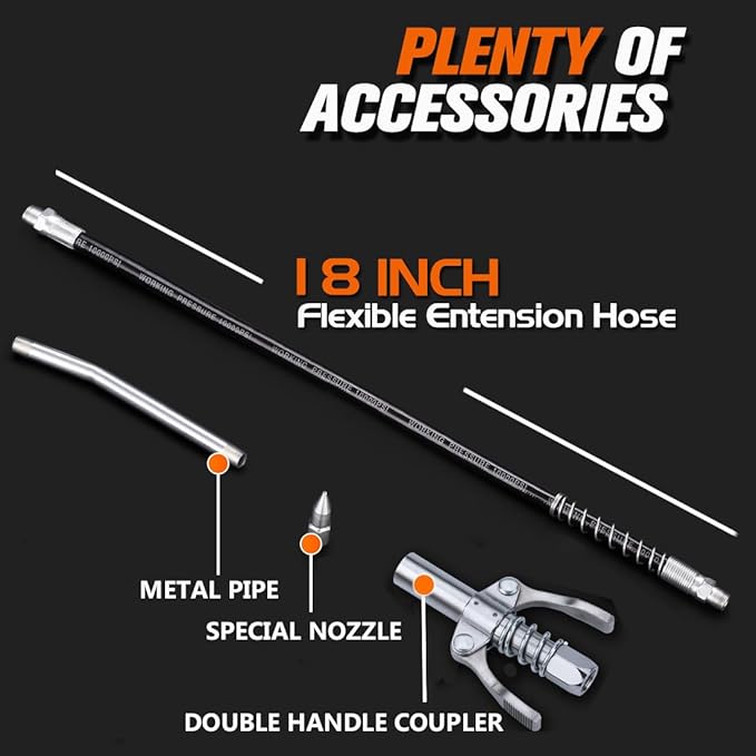 Grease Gun with Quick Release Coupler, 9000 PSI Professional Heavy Duty 14 oz Pistol Grip Grease Gun with 18 Inch Spring Flex Hose, 1 Extension Rigid Pipe and1 Sharp Nozzle Included
