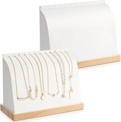 2 Pieces Cambered Wooden Necklace Display Stand with Soft Mat Necklace Holder Jewelry Display for Vendors Home Boutique Countertop Pendant Chain Chokers Organizer Pendant (White,PU Leather)