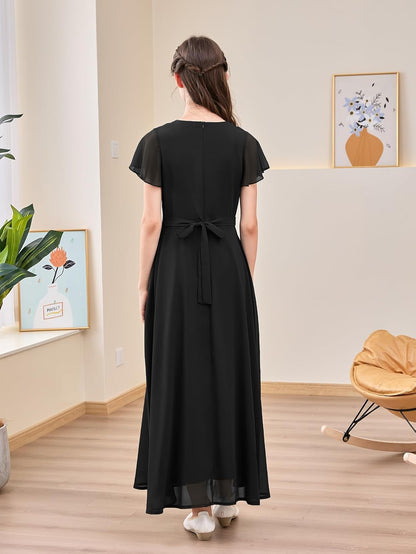 Soft, breathable polyester dress with A-line silhouette and ruffle sleeves, perfect for formal occasions.