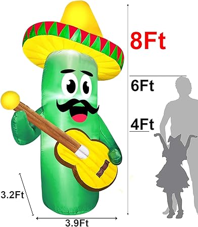 TURNMEON 8 Ft Tall Inflatable Cactus Mexican Fiesta Party Decorations with Taco Sombreros Guitar LED Lights Blow Up Mexican Day of The Dead Fiesta Party Favors for Yard Lawn Dia de Los Muertos Decor