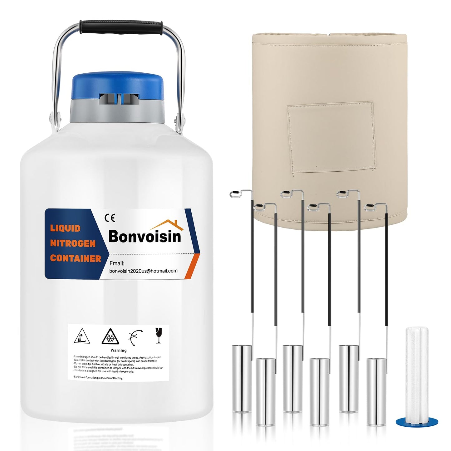 Bonvoisin 3L Liquid Nitrogen Container, LN2 Tank Cryogenic Dewar, Aluminum Alloy Semen Tank with 6 Canisters, Blue Carry Bag