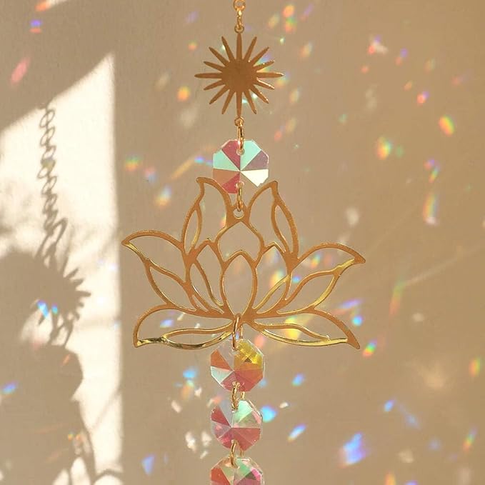 Lotus Sun Catcher Crystals Rainbow Hanging Suncatcher/Chakra Light Catcher Stained Glass Prism for Window/For Outdoor/For Garden Decoration sun catcher 4