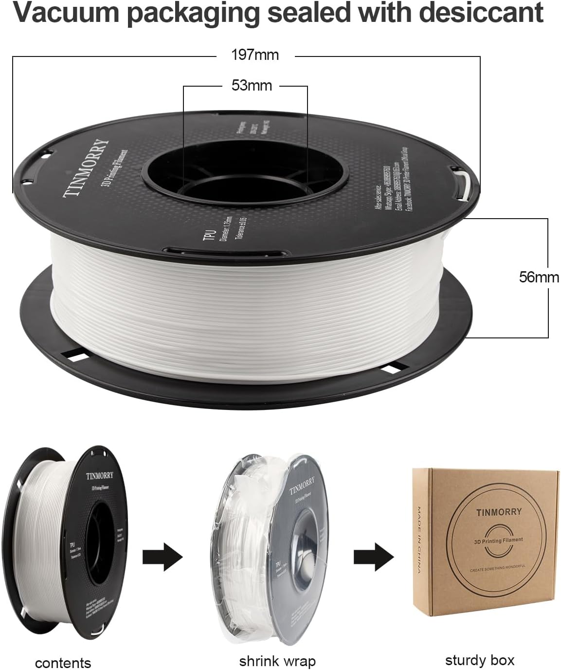 TINMORRY TPU Filament 1.75mm, TPU 95A Flexible 3D Printer Filament with Glossy Finish, Suitable for Most FDM 3D Printers, 1kg Spool (2.2 lbs), White