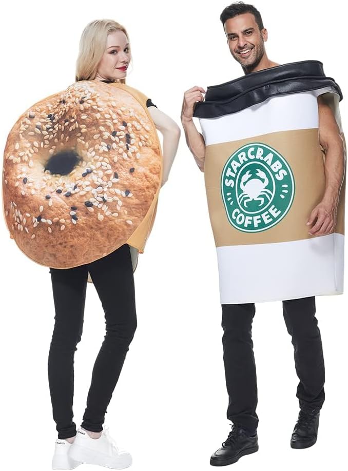 EraSpooky Unisex Adult Couples Bagel Coffee Costume 2 Pc Jumpsuit Halloween Costume One Size Set