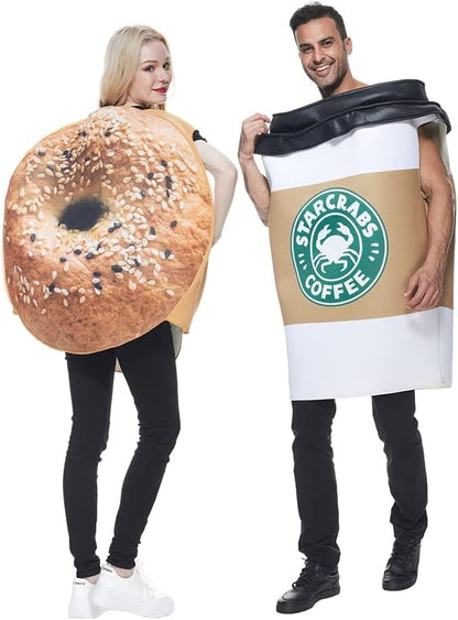 EraSpooky Unisex Adult Couples Bagel Coffee Costume 2 Pc Jumpsuit Halloween Costume One Size Set