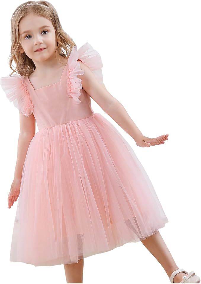Toddler Baby Girls Tutu Dress Flutter Sleeve Flower Girl Dresses Back Bowknot Birthday Party Tulle Princess Gowns