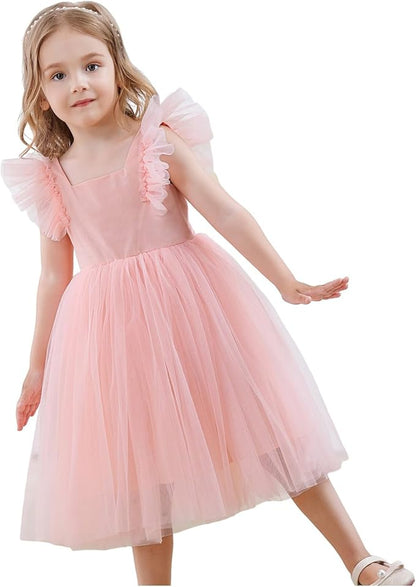 Toddler Baby Girls Tutu Dress Flutter Sleeve Flower Girl Dresses Back Bowknot Birthday Party Tulle Princess Gowns