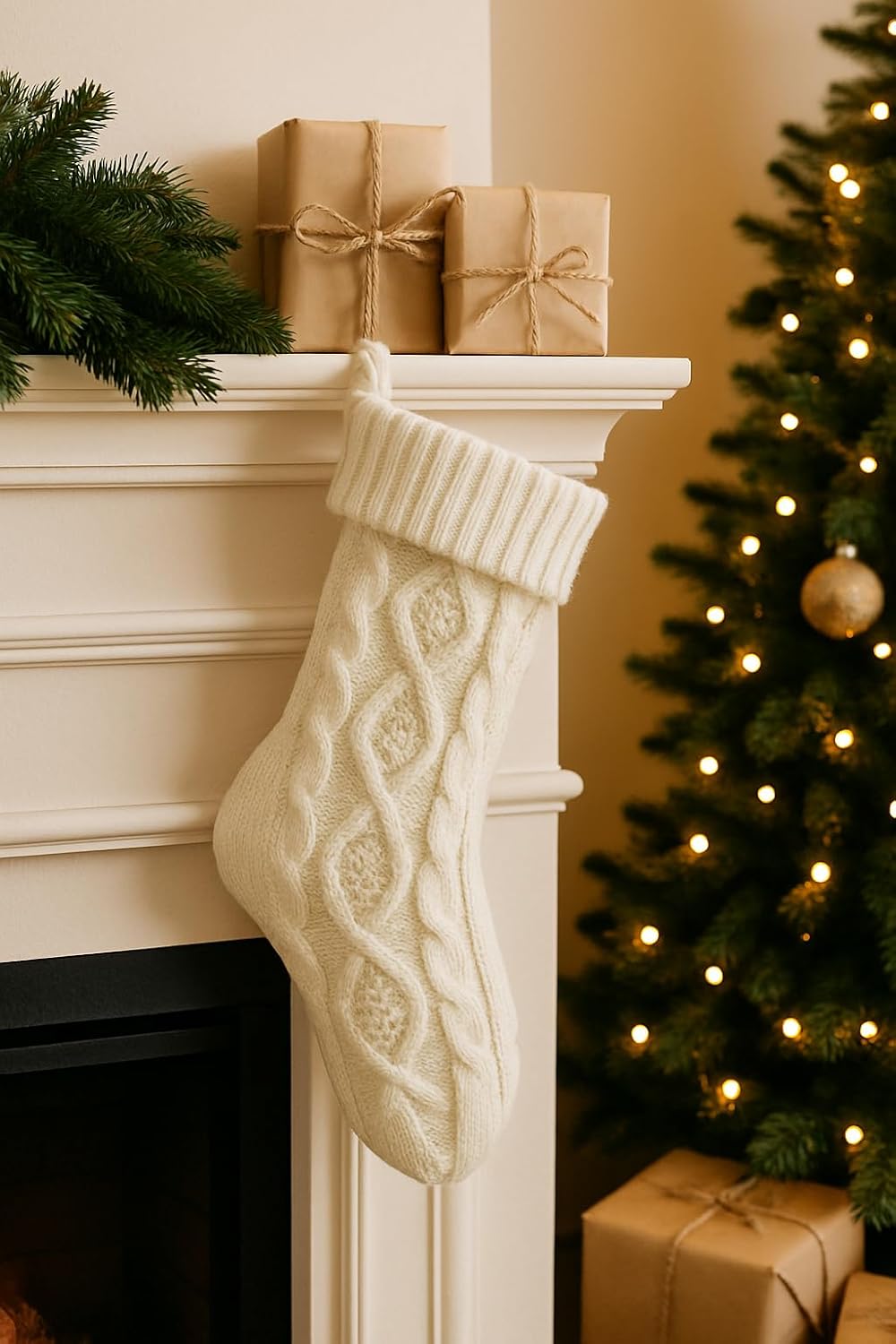 Cozy Holiday Cable Knit Stocking, White Chunky Knit, 12 x 4 Inches, Foldable Cuff Design, Traditional Winter Holiday Mantel Decor Valentines Day Christmas