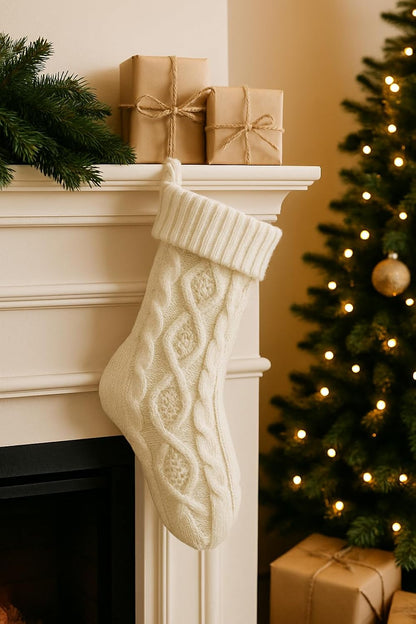 Cozy Holiday Cable Knit Stocking, White Chunky Knit, 12 x 4 Inches, Foldable Cuff Design, Traditional Winter Holiday Mantel Decor Valentines Day Christmas