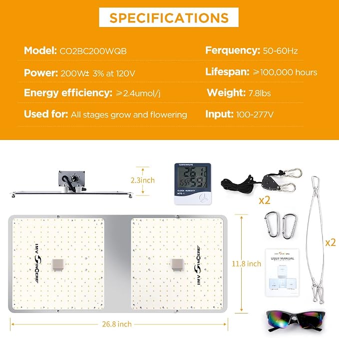 IMVSINCERE LED Grow Lights for Indoor Plants, 200W Full Spectrum Grow Light Seedling, Veg & Bloom, Dimmable Sunlike for Indoor Plants Tents High PPFD ( Doesn't come with Rope Ratchet Hanger-User Manual