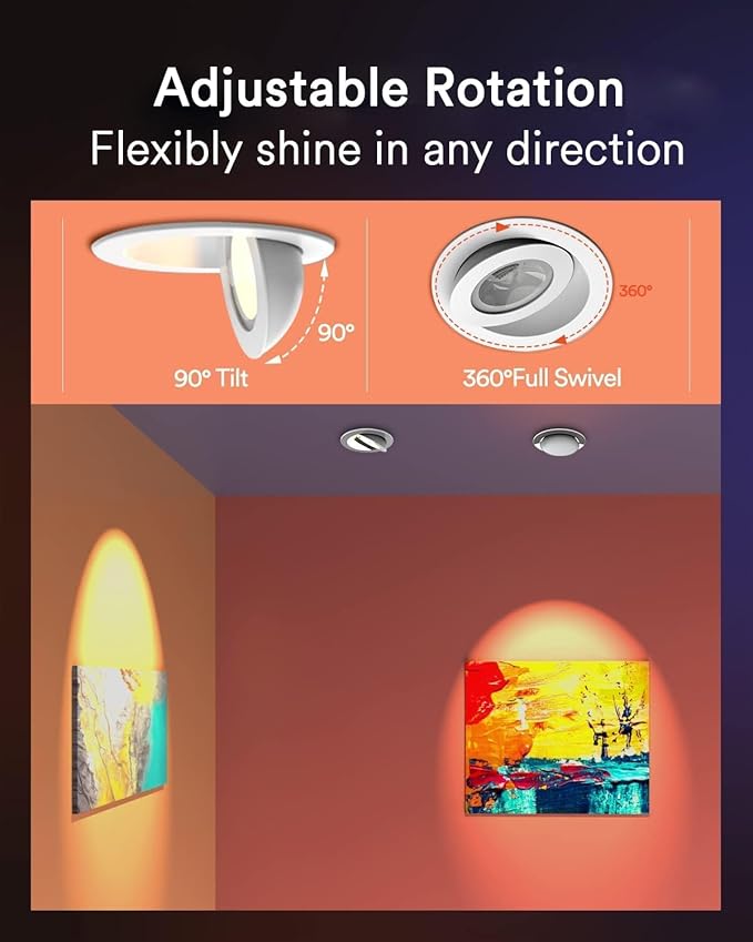 Lumary Smart Gimbal LED Recessed Lighting 4 Inch, 360 90 Adjustable, ETC  COB Light, 7W 550lm RGBCW Directional Lights Eyeball Color Changing Lights, Work with Alexa Google Assistant, 1 Pack