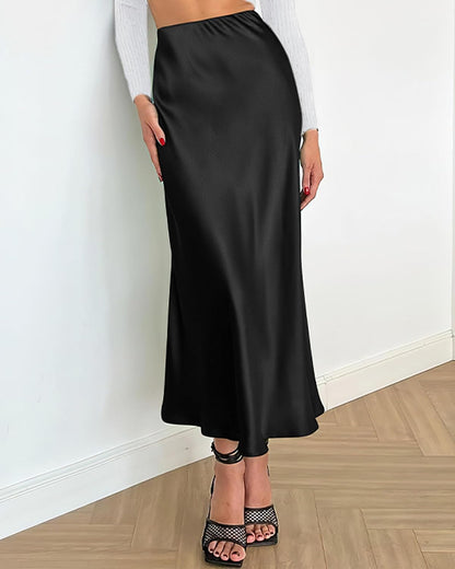 High-quality satin midi skirt from BTFBM, flowy A-line silhouette, elegant design, perfect for any special occasion.