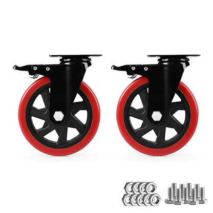 Caster Wheels, Heavy Duty 6 Inch Casters Set of 2, Locking Swivel Casters Wheels for Cart, Furniture and Workbench, Red
