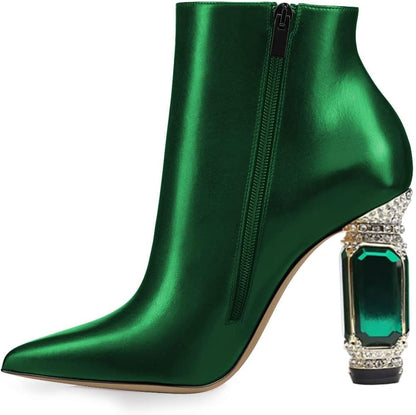 Women Chic Pointed Toe Crystal Chunky Block High Heel Ankle Boots Glossy Side Zipper Casual Daily Fashion Ladies Fall Shoes Size 4-15 US