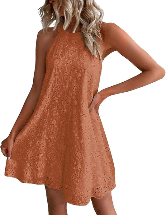 Women Summer Dresses Cap Sleeve Babydoll Eyelet Ruffle V Neck Mini Dress Plus Size Casual Loose Sundress with Pockets