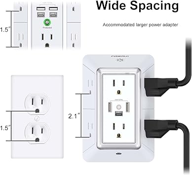 Outlet Extender USB Wall Charger - POWRUI 6 AC Surge Protector Outlets with 3 USB Ports (1 USB C) and Night Light, 3-Sided Multi Plug Wall Outlet Power Strip with Spaced Outlets, ETL Listed, White