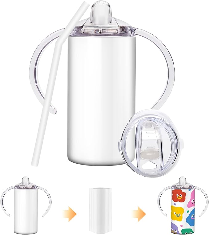 Sublimation Sippy Cup Blank with Handle, 12oz Stainless Steel Sippy Cups, Kids Cups with Straws and Lids Spill Proof Double Wall Vacuum Cup for Children