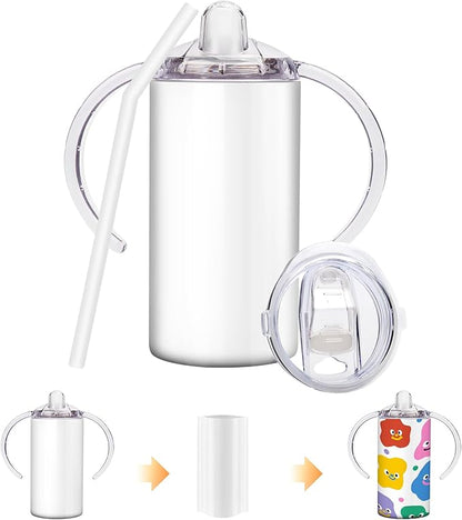 Sublimation Sippy Cup Blank with Handle, 12oz Stainless Steel Sippy Cups, Kids Cups with Straws and Lids Spill Proof Double Wall Vacuum Cup for Children