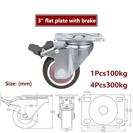 3-inch Caster with Flat Plate, 75MM Heavy Duty Caster Bearing Bearing 100KG, Rubber Hand Wheel for Furniture is Quiet and Easy to Push.
