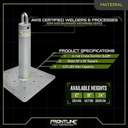 Frontline Fall Protection RO18 Commercial Roof Anchor 18" OSHA  ANSI Compliant Galvanized Steel Roofing Anchor Point  Metal, Wood or Concrete Application