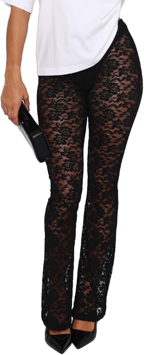 Lace Flare Pants for Women - Sexy See Through Mid-Waist Bell Bottom Leggings Trousers Party Clubwear