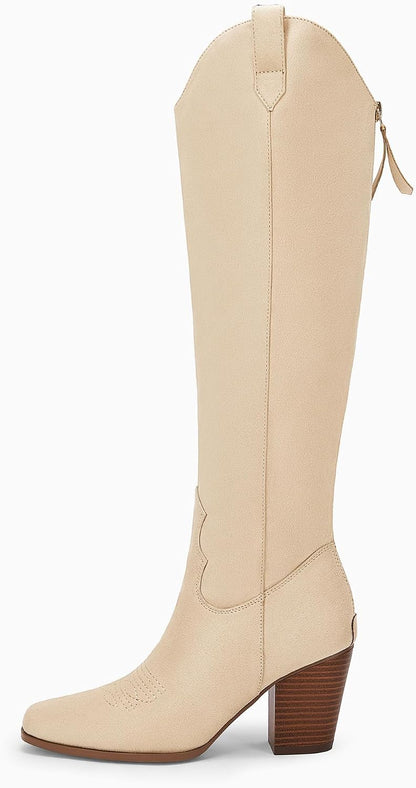 Women's Western Knee High Boots with Chunky Block Heel and Square Toe