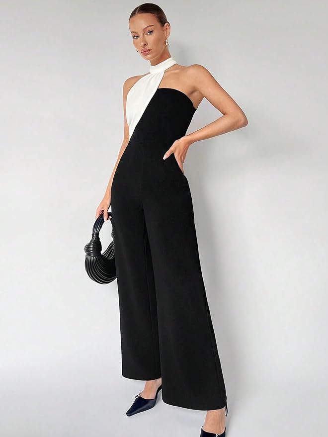 Women's 2024 Casual Long Jumpsuit Sleeveless Colorblock Asymmetrical Halter Jumpsuit