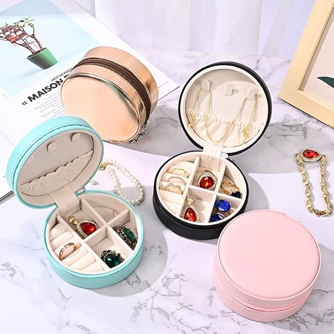 Jewelry Organizer Box Leather Portable Storage Case (PinkRound)